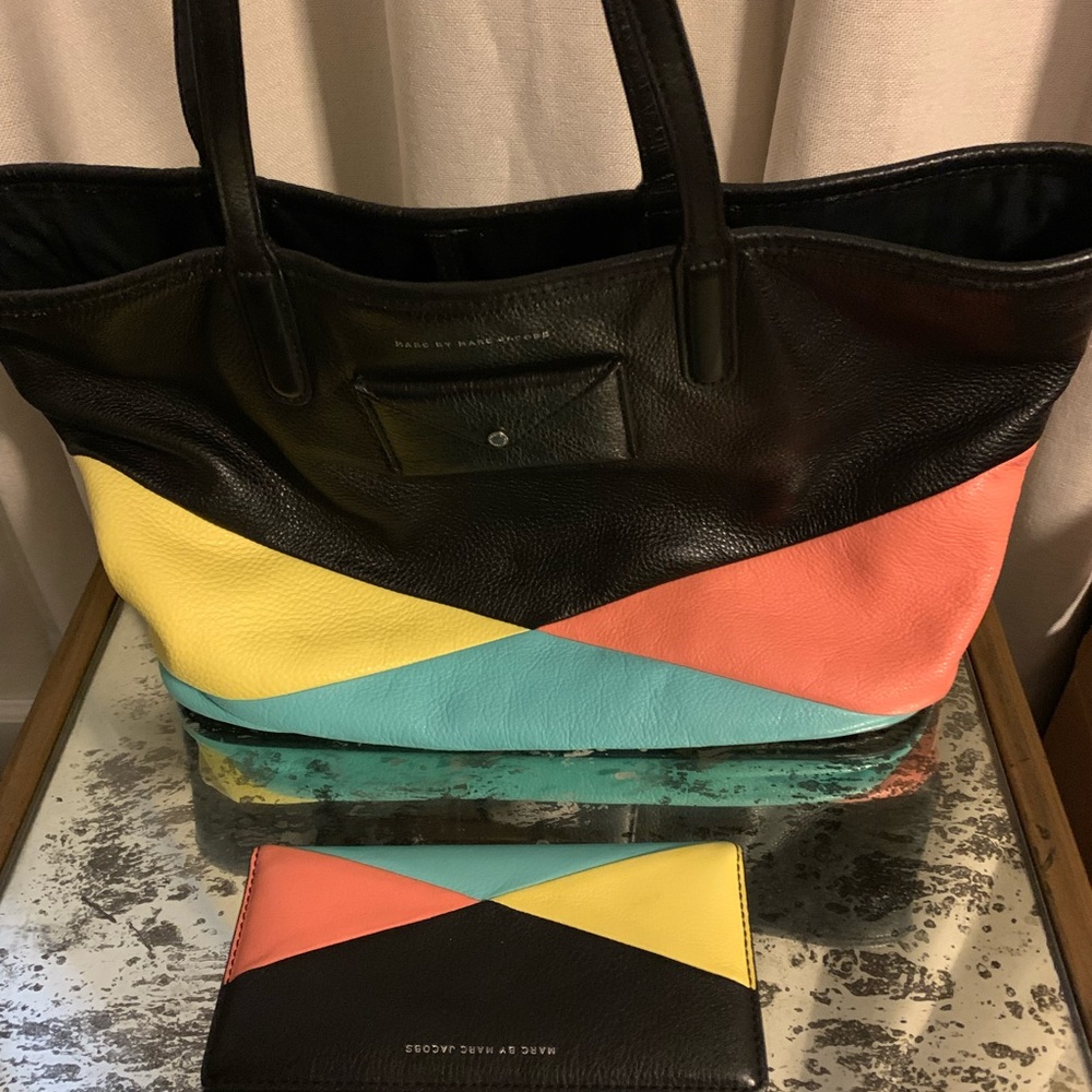 Marc Jacobs leather color block tote bag with matching wallet.